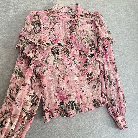 & Other Stories Ruffle Mock Neck Frilled Top Size 4 Prairie Sheer Velvet Burnout - Picture 5 of 15